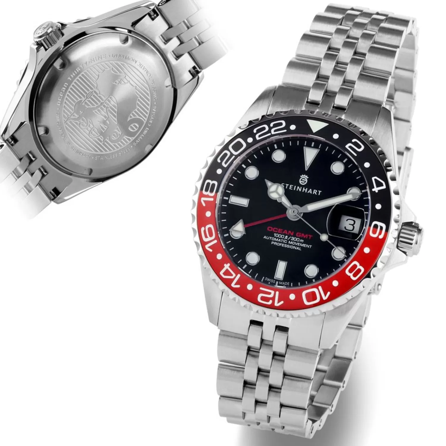 Ocean 39 Gmt.2 Sort-Rod Keramisk Dykkerur*Steinhart Watches Hot