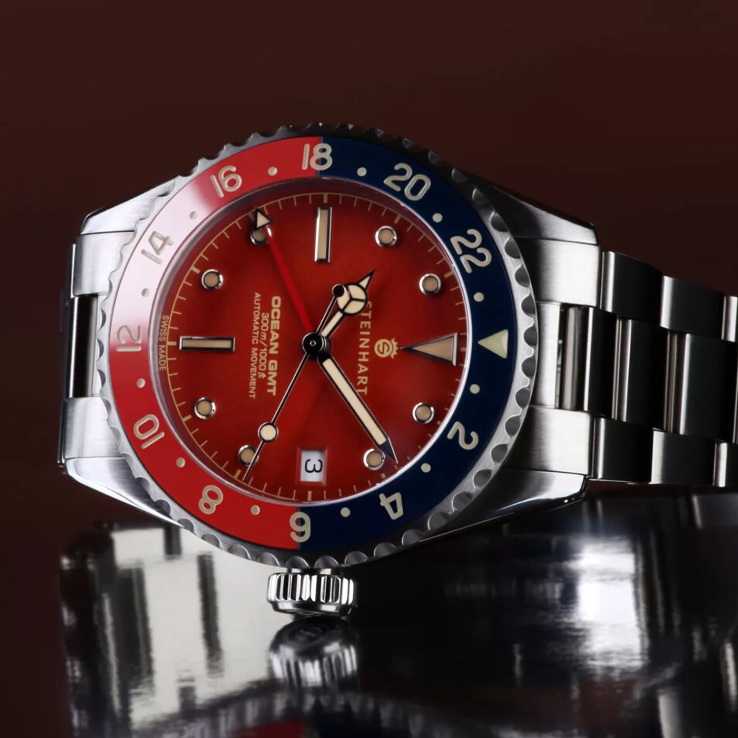 Ocean 39 Vintage Gmt Premium Rod Keramisk Dykkerur*Steinhart Watches Outlet