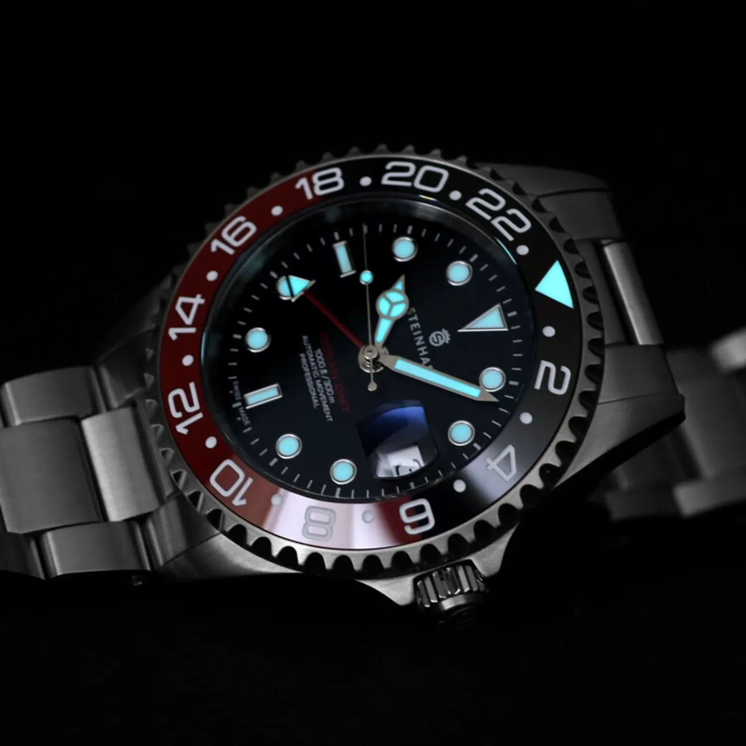 Ocean One Gmt Sort-Rod. 2 Keramisk Dykkerur*Steinhart Watches Clearance