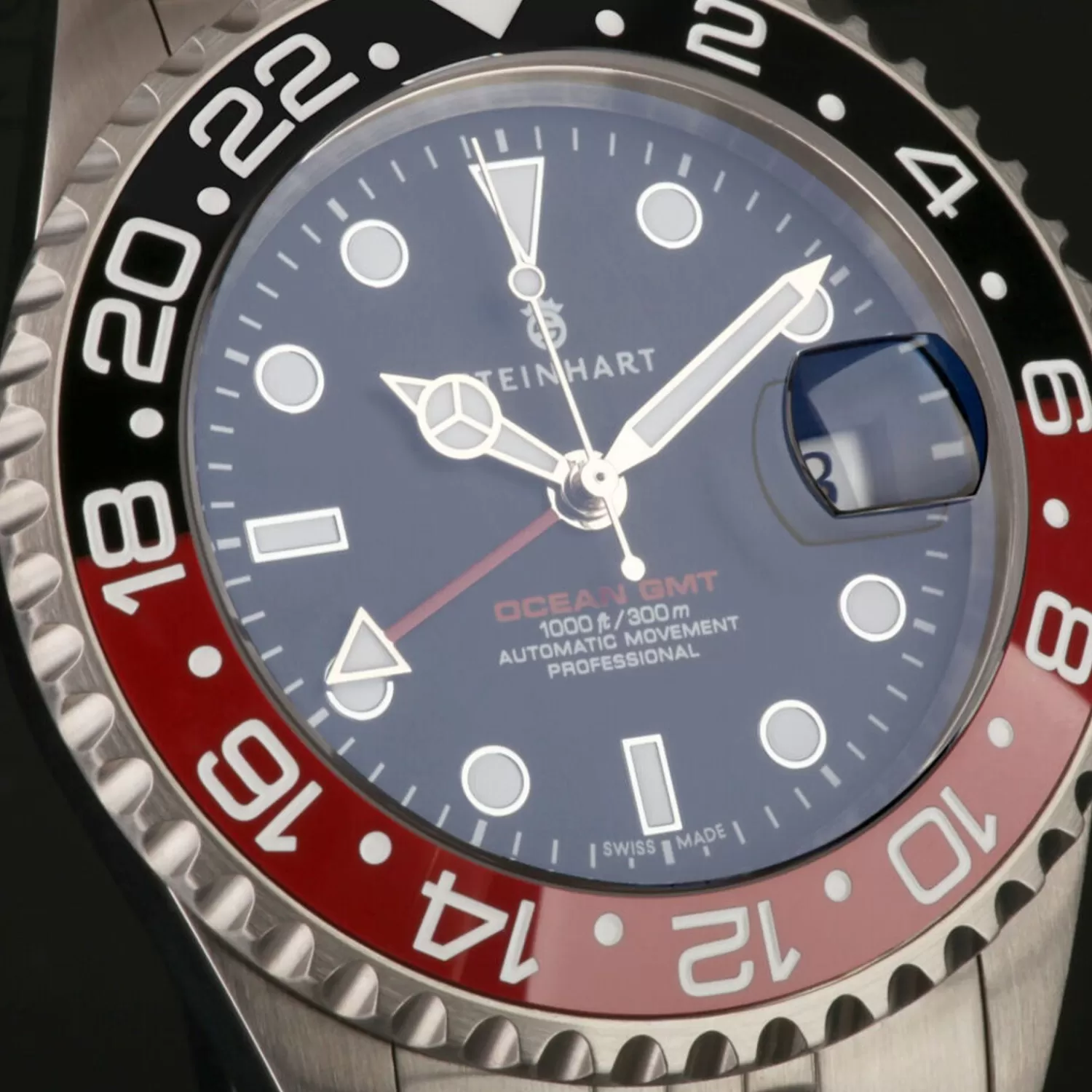 Ocean One Gmt Sort-Rod. 2 Keramisk Dykkerur*Steinhart Watches Clearance